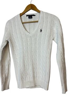 Polo Ralph Lauren Sport Women Cable Knited White Sweater Pullover V-Neck Sz M